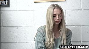 pervert officer drilling tight wet pussy of teen 18+ shoplifter in backroom action. sneaky blonde gets deepthroat punishment.