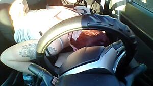 amateur redhead gives deep blowjob in public car setting