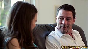 Glamorous brunette stepdaughter teen 18+ gives blowjob in hardcore group taboo scene!