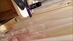 Spying on shaved wife caught bathing in steamy shower.