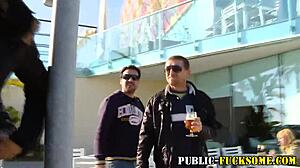 Petite brunette babe sucks in public lingerie