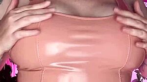 Curvy milf with huge tits and ass teases intensely in latex dress. Showing off natural assets