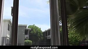 Forget the roommate; this brunette in bikini gives a blowjob and gets fucked hard.