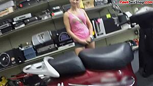 In the office, the blonde neighbor loves the motor so much she gives a blowjob for it, her big tits bouncing.