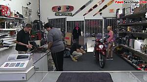 In the office, the blonde neighbor loves the motor so much she gives a blowjob for it, her big tits bouncing.