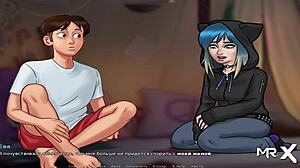 Teen and milf strip in Summertime Saga, clothes ripped for creampie!