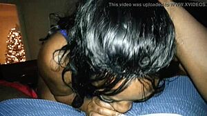 Ebony amateur gives sloppy blowjob and handjob to cock