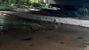 girl after party pisses in river then offers ass and takes cum