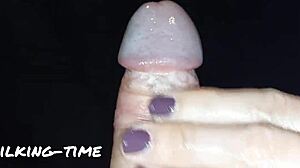 intense tickling of mushroom glans leads to amazing lactating milk handjob