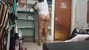 filipina karmica cleans room while pregnant voyeur watches