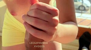 shy teen gives public blowjob to blonde girl ending in facial