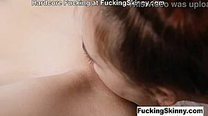 Skinny Young 18+ Babe Fingering Her Shaved Pussy in Lesbian Scene