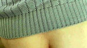 Fucked Japanese girl doggystyle in her pullover, cum on ass.