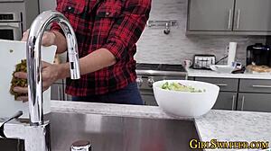 Stockings Clad Teen Stepdaughter Sucks Huge Cock for Cum in Mouth