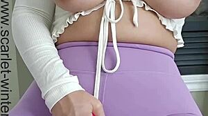 Horny teacher masturbates with pink vibrator and gives jerk off instructions