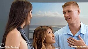 Curvy couple caught in steamy blowjob action