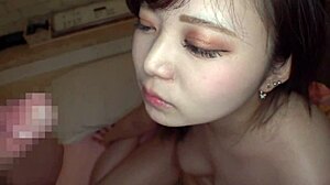 feeling the pleasure as young asian uses dildo on her h-cup tits in pov