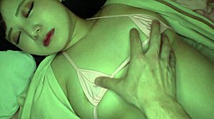 feeling the pleasure as young asian uses dildo on her h-cup tits in pov