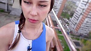 Teen sucking deep on the roof in public pov.