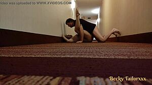 Scared couple fucks in hotel hallway