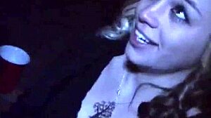 at the party, this petite teen gets her tight pussy fucked hard in missionary while others watch