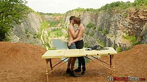 Massaging twinks outdoors