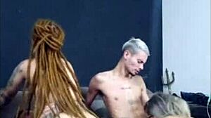 redhead with dreads hangs out with friends in brazilian amateur setting