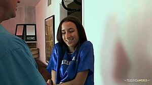 Horny Brunette Cheerleader Rides Landlord's Cock And Swallows Cum