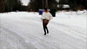 no skirt in pantyhose, winter walk without panties, oops