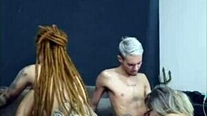 redhead with dreads hangs out with friends in brazilian amateur setting