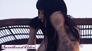 aiden ashley and goth charlotte play with strapon outdoors