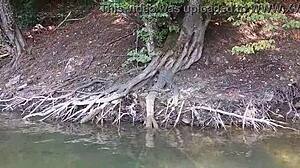 I piss on my panties at the mountain lake in nature