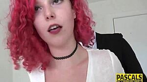 Watch the sub's pussy pinned while getting deeply throated in bdsm