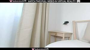 Does Arina Sramezlja passionately play with dildo on bed in VR?