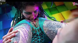 Tattooed alien girls slam hard with anal squirt