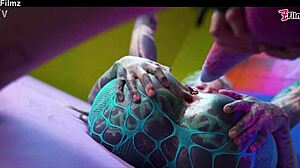 Tattooed alien girls slam hard with anal squirt