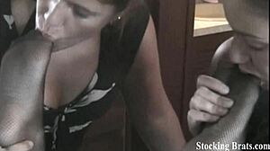 Licking feet in stockings