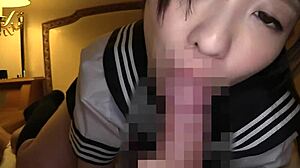Japanese Teen in Uniform Teases with Panty Flashes and Skilled Handjob