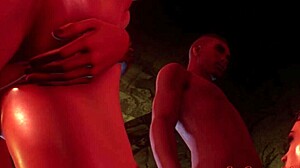 Two girls get roughly fucked by guys in a dungeon, showcasing big tits and asses.