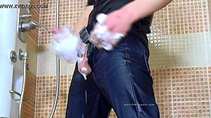 i shower in jeans with my hard cock