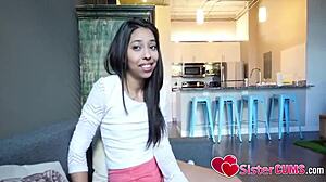 Small tits girl rides stepbrother's rock hard dick