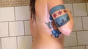 Voyeur Watches Tattooed Milf Tease Big Ass with Dildo in Shower