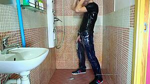 i shower in jeans with my hard cock