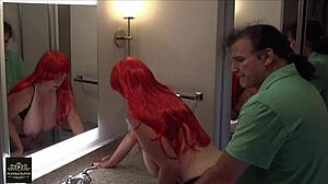 Wife in red wig gets doggystyle fucked in bathroom, huge boobs bouncing in mirror 😍