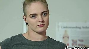 peculiar bombshell gets sperm load on her face swallowing all the sperm