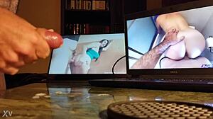 hey, guy's stroking his cock at the desk with the computer on!