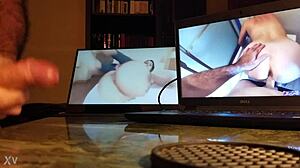 hey, guy's stroking his cock at the desk with the computer on!