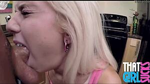 skinny blonde teen 18+ wraps her petite mouth around my cock in pov sucking