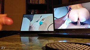 hey, guy's stroking his cock at the desk with the computer on!