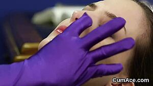 The wicked stunner endures a blowbang cumshot on her face while gulping every drop in pov